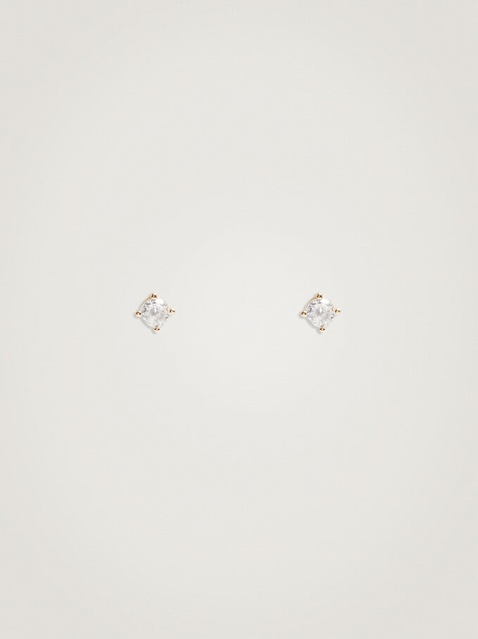 925 Silver Stud Earrings With Zirconia, Golden, hi-res