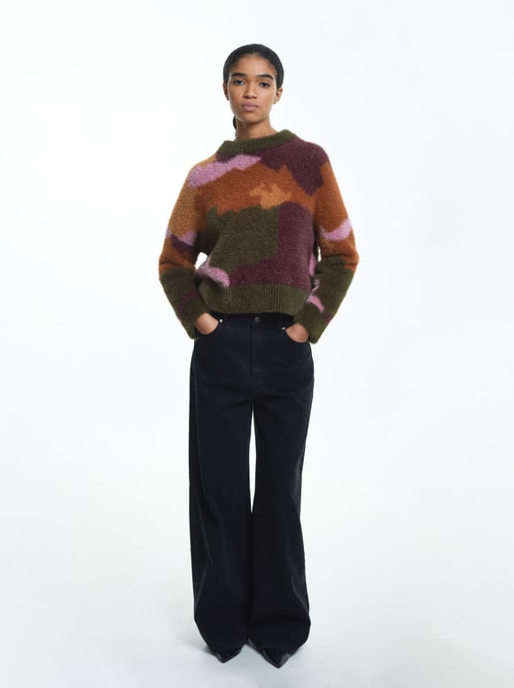 Fur Effect Jacquard Sweater, Multicolor, hi-res