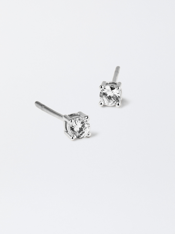925 Silver Stud Earrings With Zirconia, Silver, hi-res