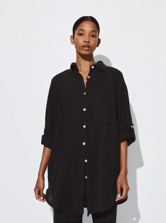 Linen Shirt, Black, hi-res