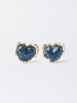 Enamel Heart Earrings, Blue, hi-res
