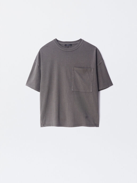 Cotton T-Shirt With Pocket, Grey, hi-res