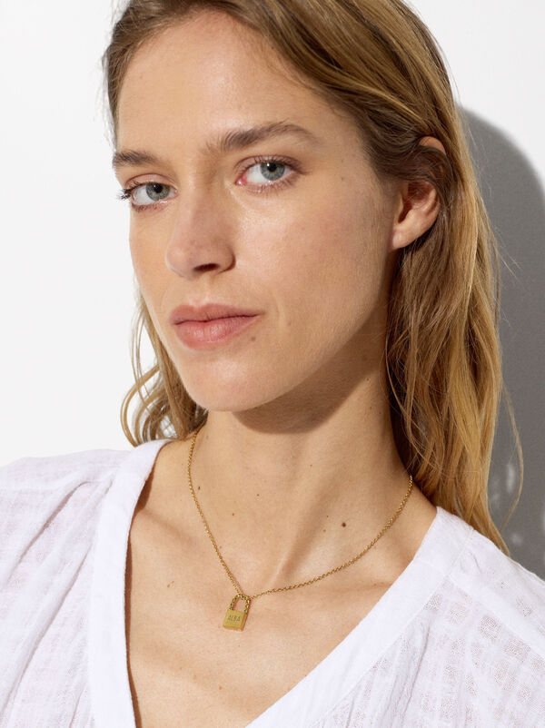 Golden steel lock necklace