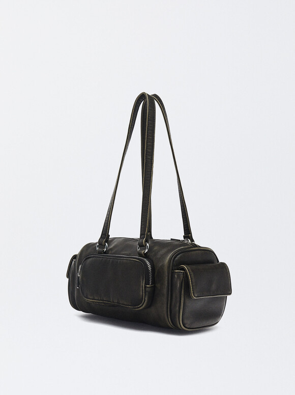 Aged-Effect Shoulder Bag, Black, hi-res