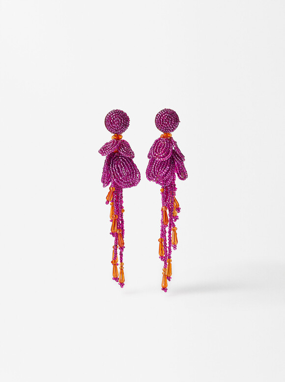 Long Drop Earrings With Beads, Purple, hi-res