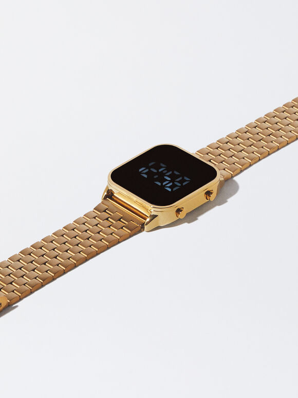 Digital Stainless Steel Watch, Golden, hi-res