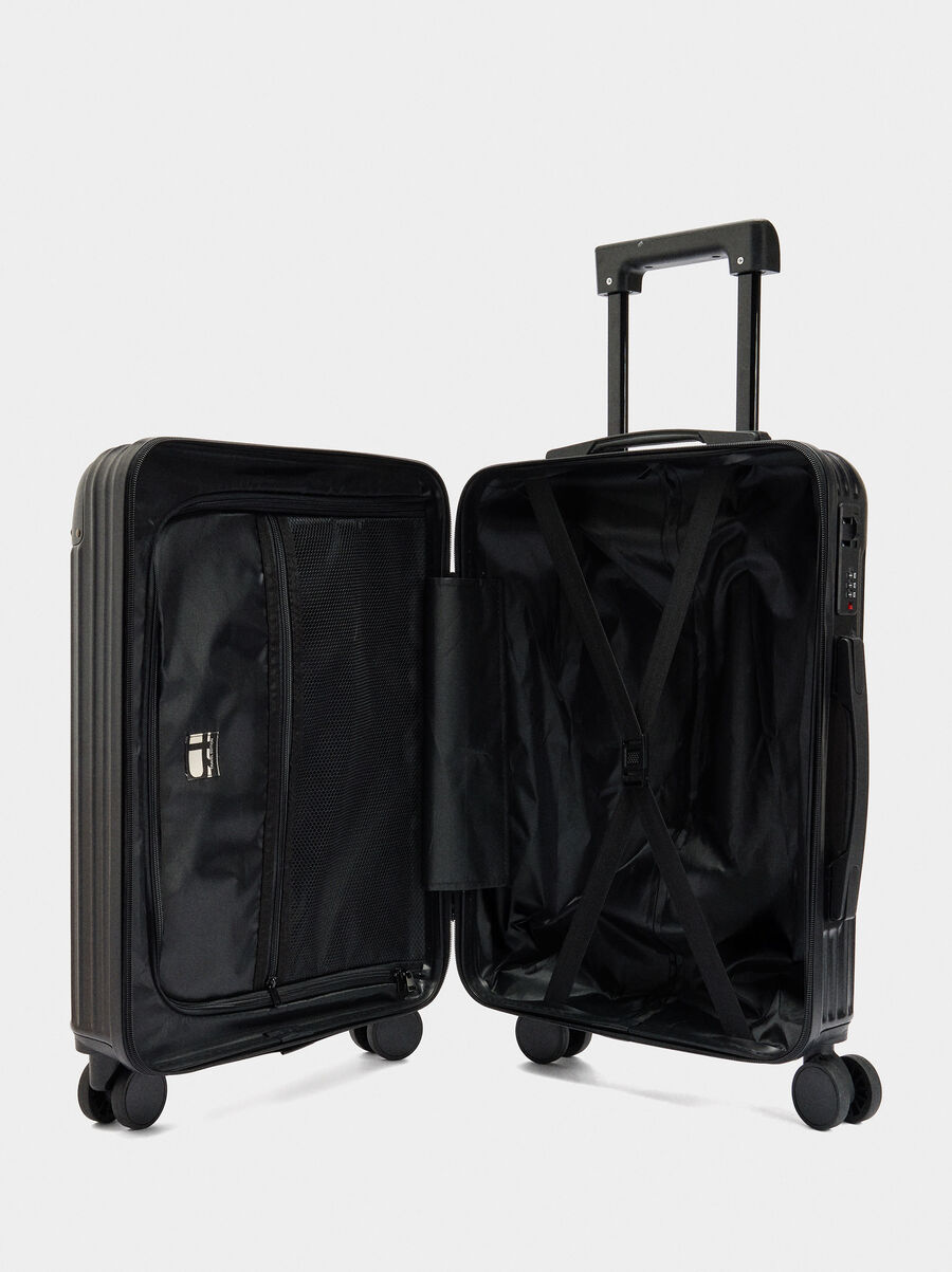 Striped travel suitcase