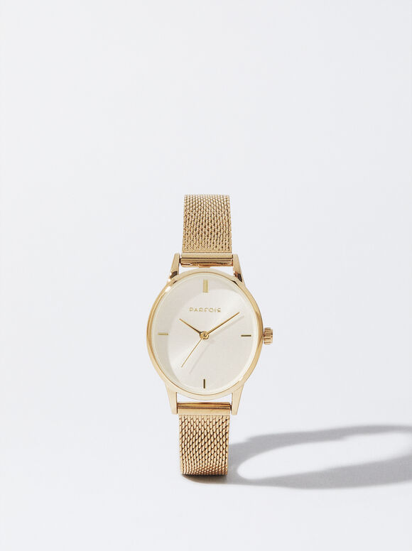 Relógio Aço Bracelete De Malha Metálica, Dourado, hi-res