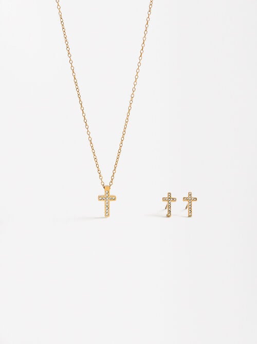 Set de pendientes con collar cruzado con cristales - Acero inoxidable