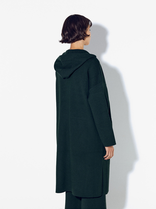 Long Knitted Coat With Hood, Green, hi-res