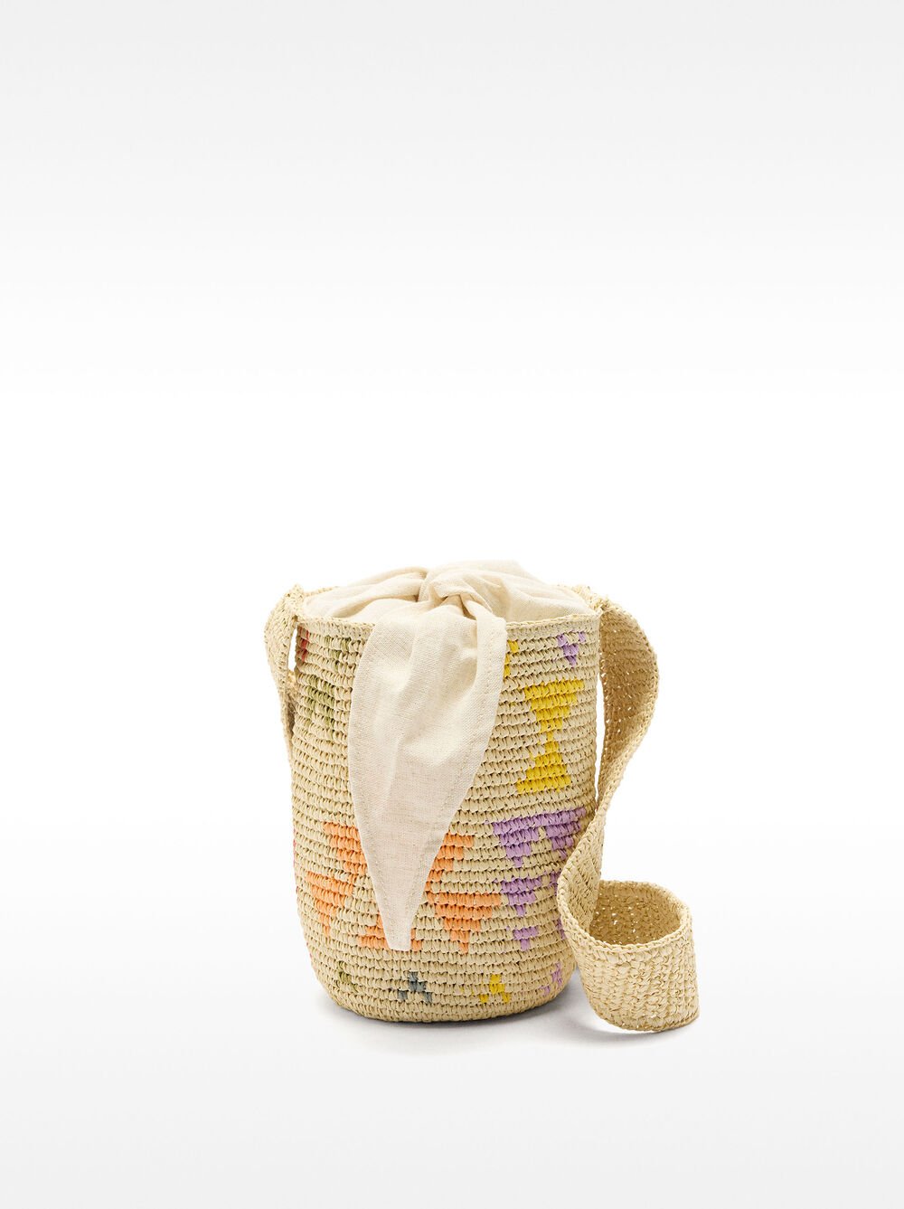 Printed straw-effect bucket bag