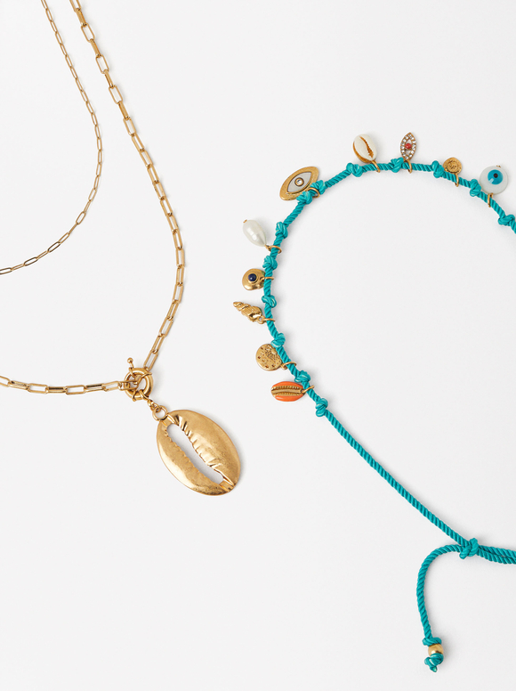 Double Necklace With Seashell And Charms, Blue, hi-res