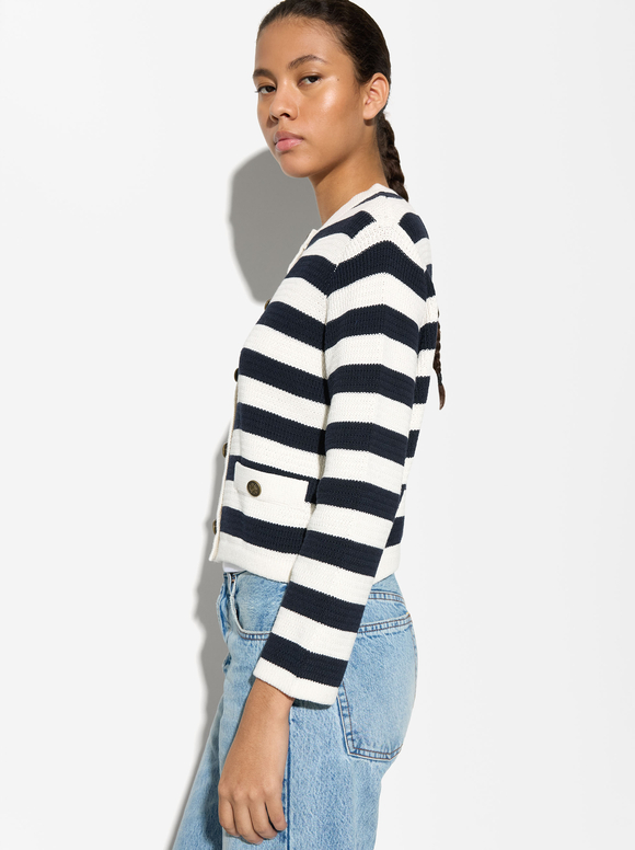 Striped Knitted Cardigan , Multicolor, hi-res