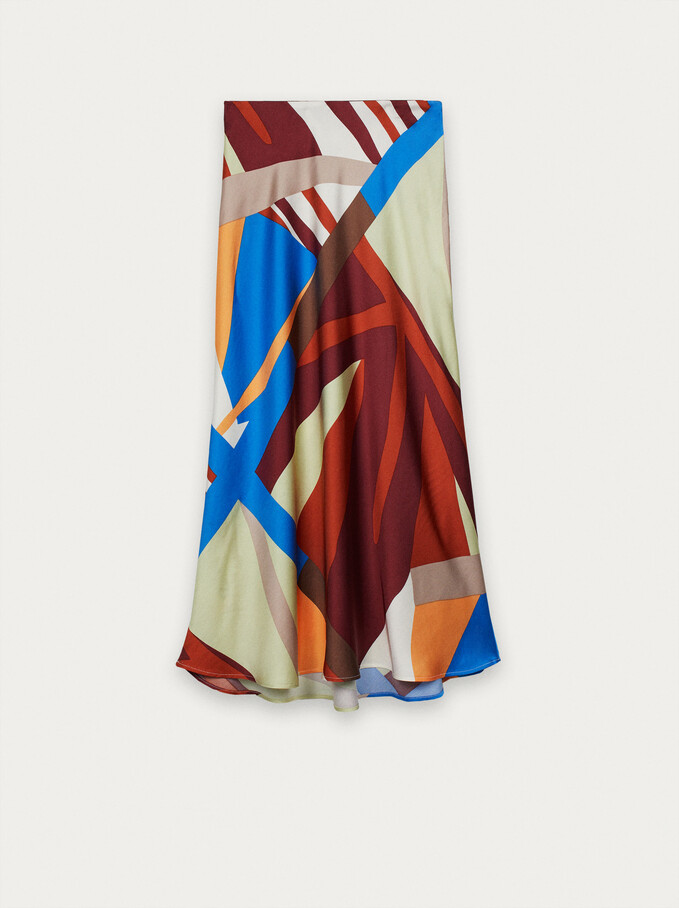 Printed Satin Skirt, Multicolor, hi-res