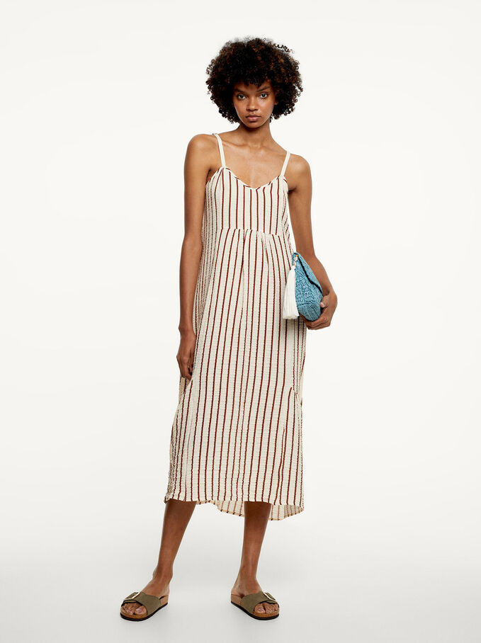 Striped Midi Dress, Brown, hi-res