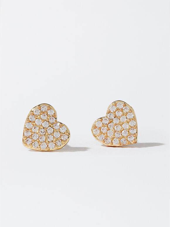 Heart Earrings And Zirconia, Golden, hi-res