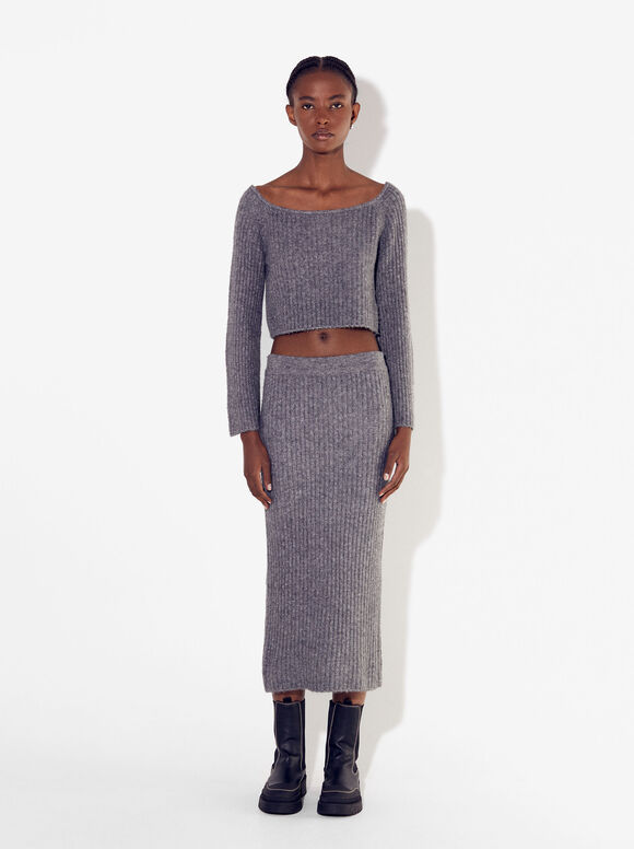 Long Knitted Skirt, Grey, hi-res