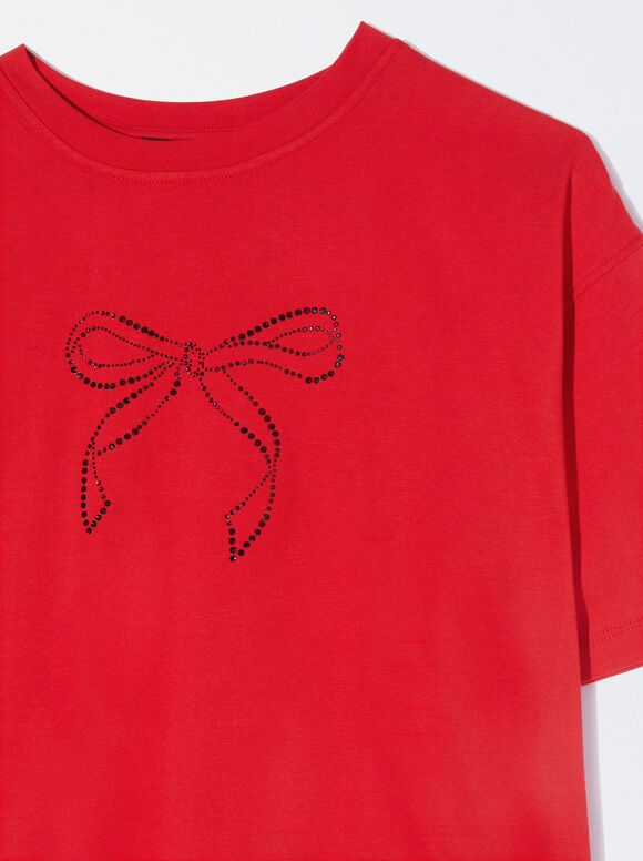 Cotton T-Shirt With Rhinestones, Red, hi-res