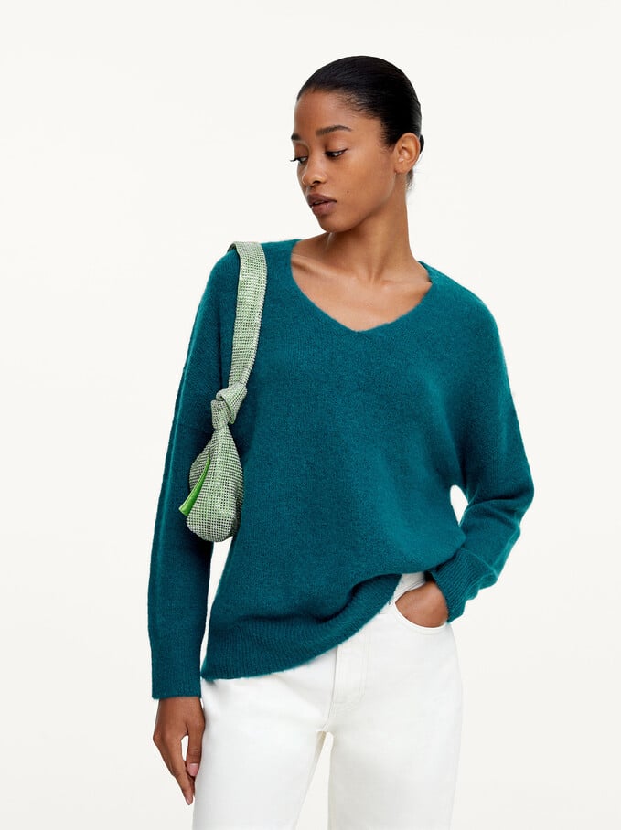 Knitted V-Neck Sweater, Blue, hi-res