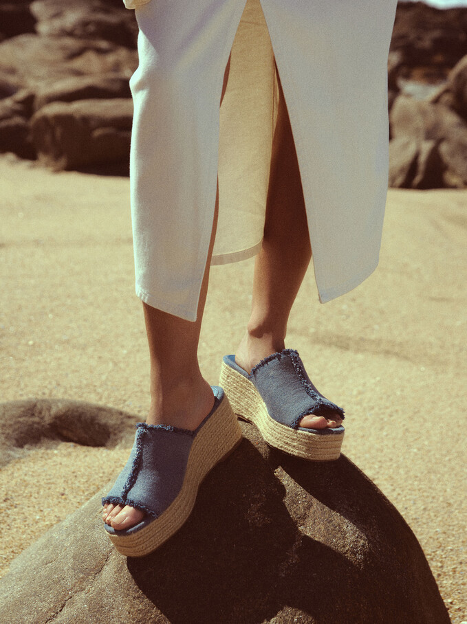 Denim Wedge Sandals, Blue, hi-res