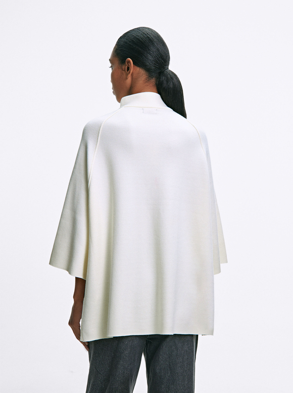 Knitted Poncho With Buttons, Ecru, hi-res