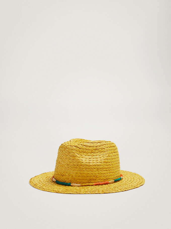 Straw Hat With Drawstring, Yellow, hi-res
