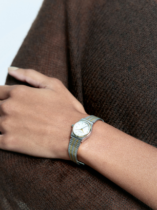 Stainless Steel Golden Watch, Silver, hi-res