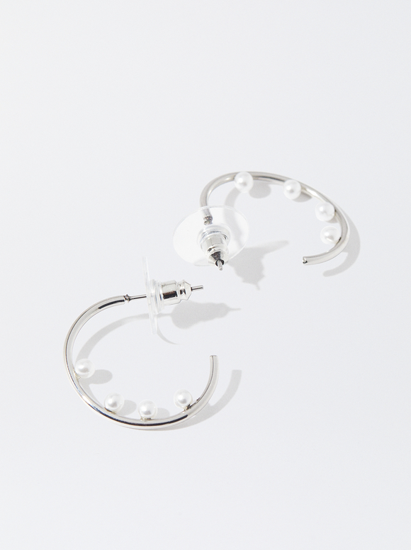 Stainless Steel Earrings With Pearls, White, hi-res