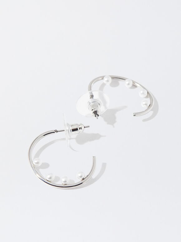 Stainless Steel Earrings With Pearls, White, hi-res