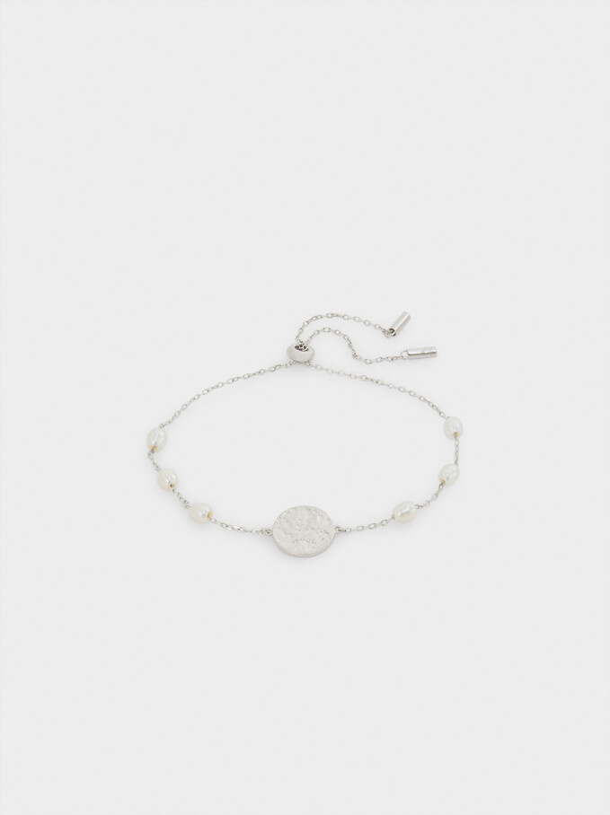 Adjustable 925 Silver Bracelet With Pearls, Beige, hi-res