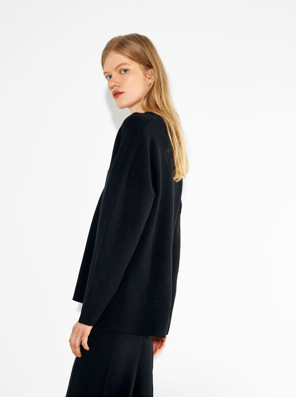 Knitted V-Neck Sweater, Black, hi-res
