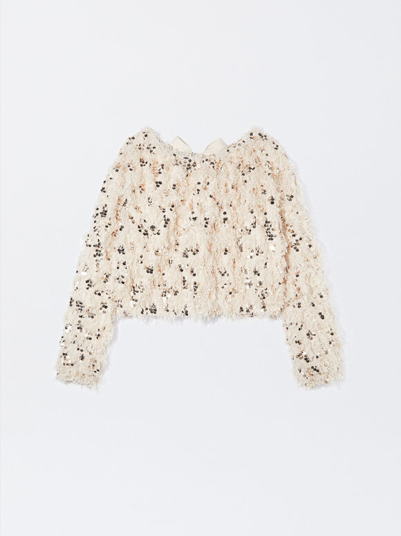 Feather Effect Sweater With Sequins, Beige, hi-res