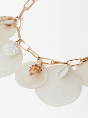 Golden Necklace With Shells, White, hi-res