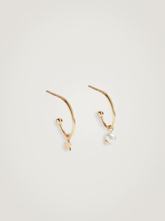 Small 925 Silver Star And Pearl Hoop Earrings, White, hi-res