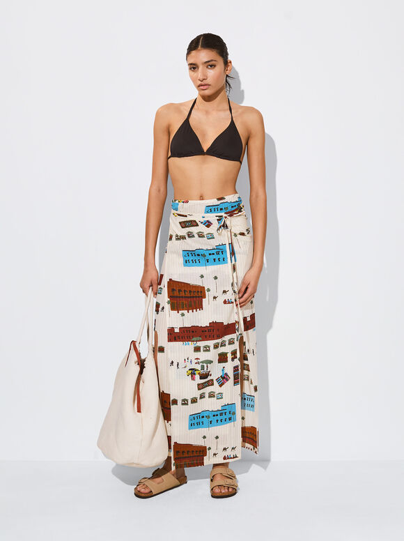 Printed Midi Skirt, Multicolor, hi-res
