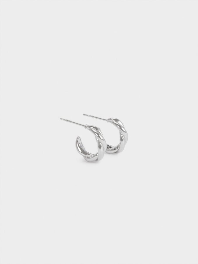 Stainless Steel Short Woven Detail Hoops, Silver, hi-res