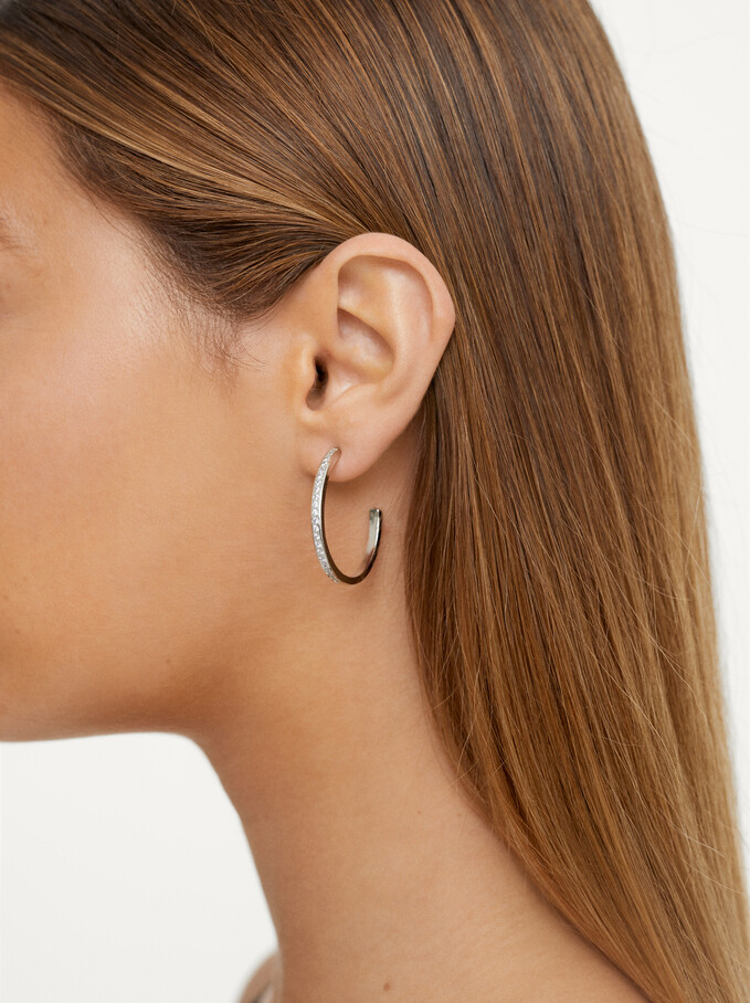 Gold Hoop Earrings With Zirconia, Silver, hi-res