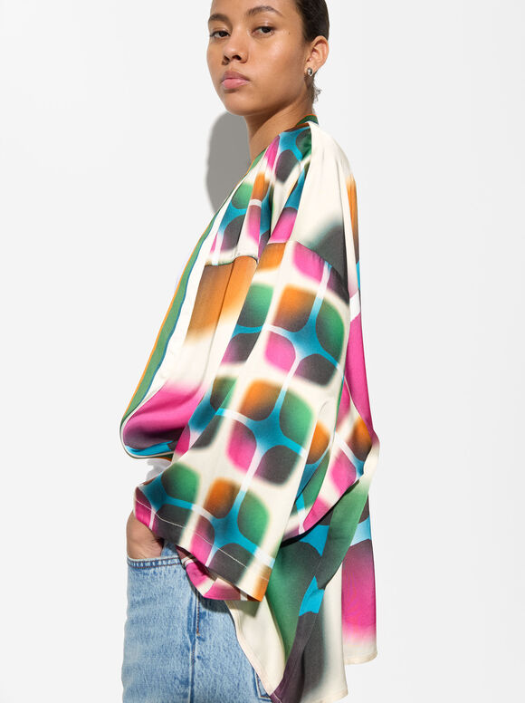 Cotton Printed Kimono, Multicolor, hi-res