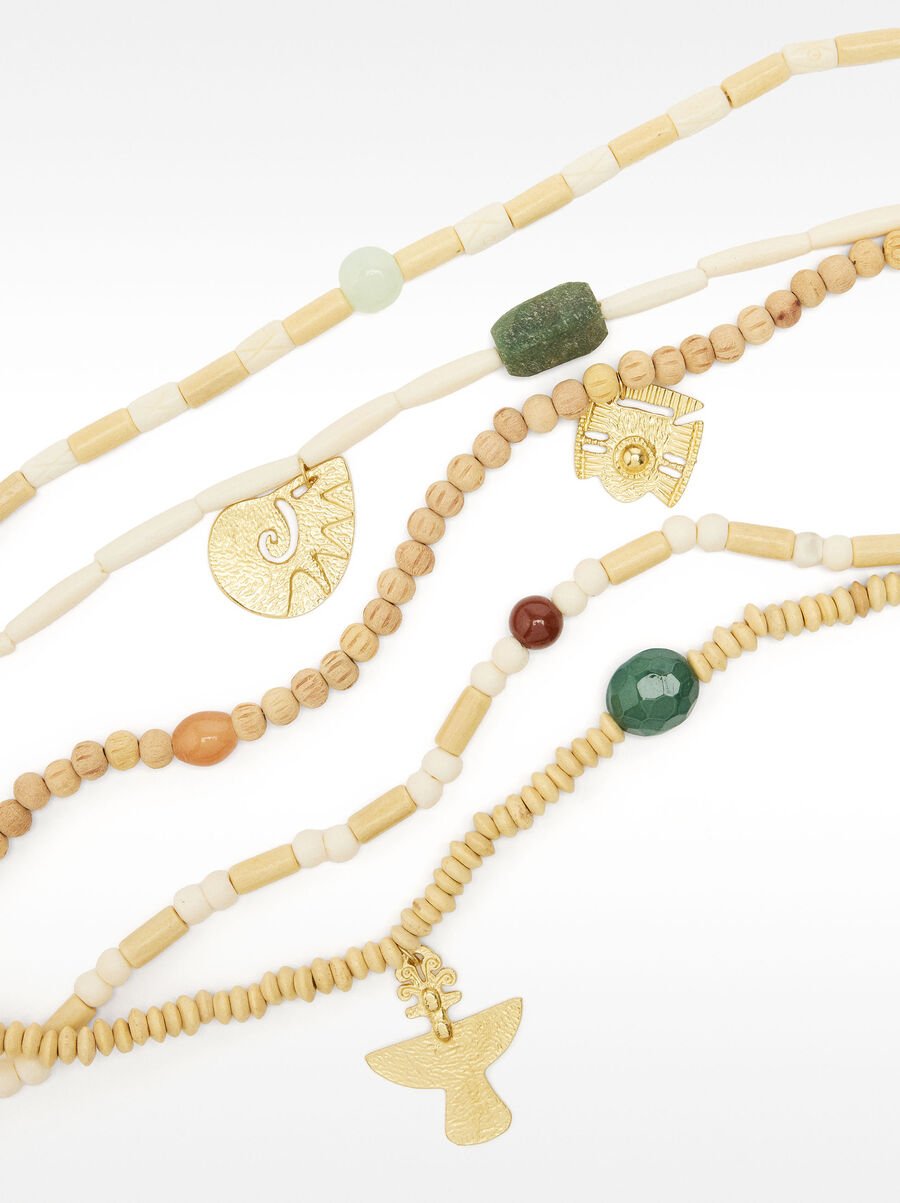 Multi-necklace wooden and stone beads