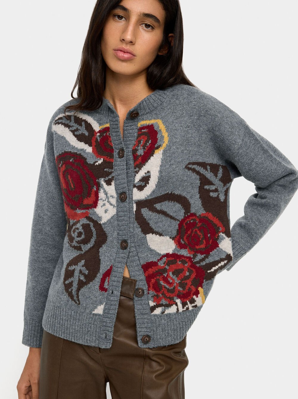 Floral jacquard knit cardigan