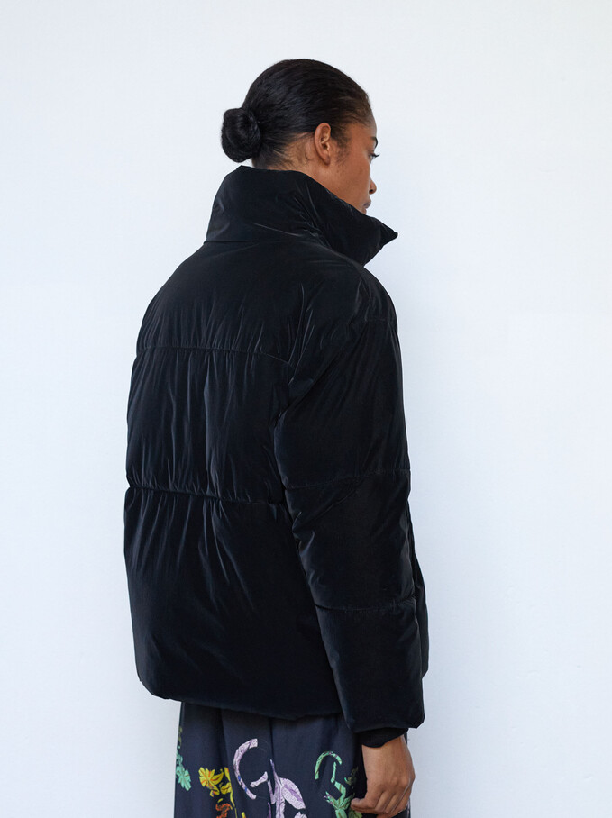 High Neck Quilted Coat With Pockets, Black, hi-res