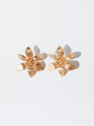Flower-Shaped Gold-Plated  Earrings, Golden, hi-res