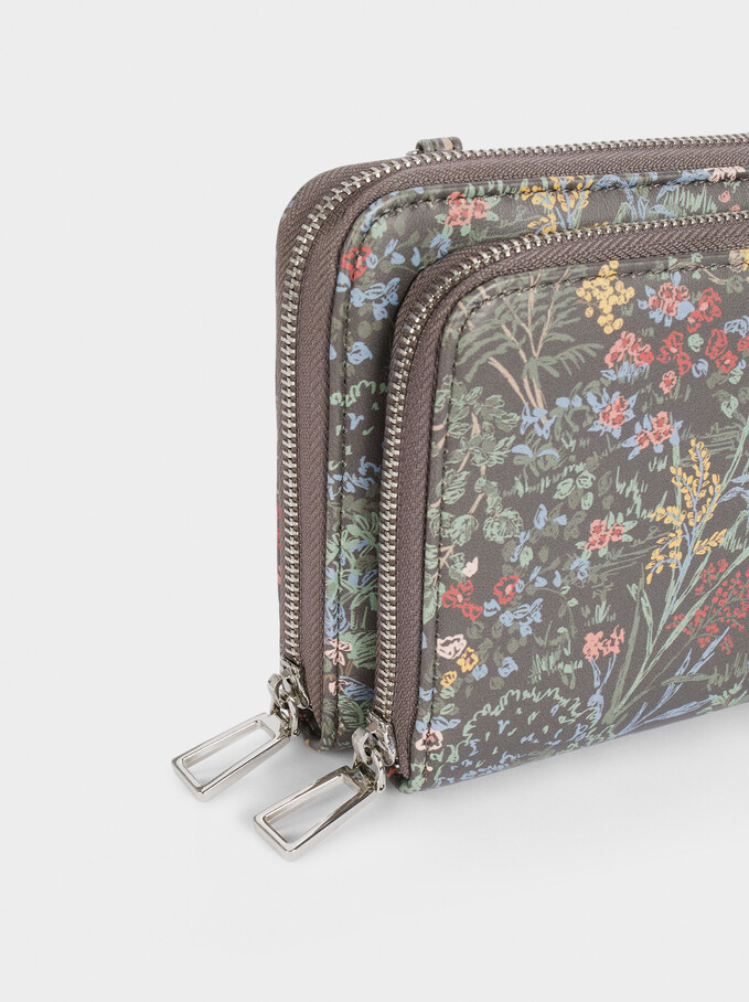 Längliche Brieftasche Mit Blumenprint, Grau, hi-res