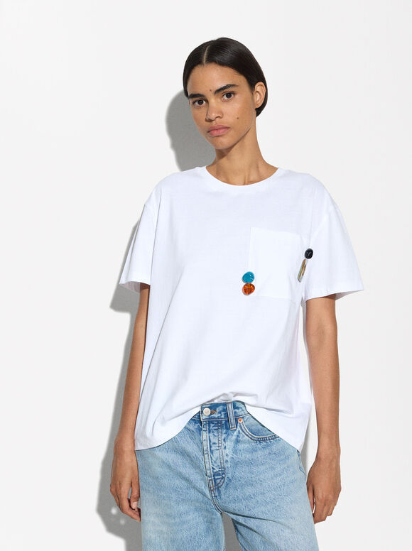 T-Shirt With Embellishments, White, hi-res