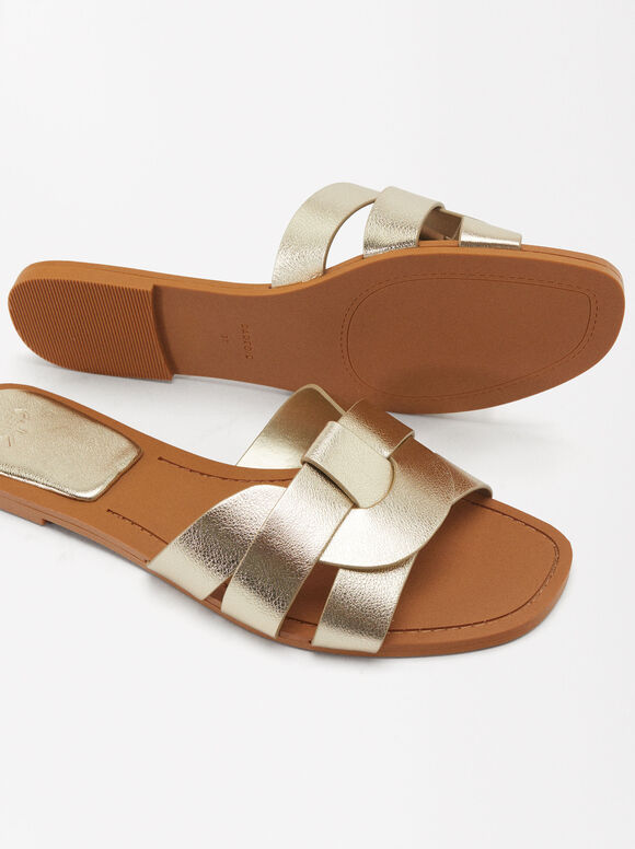 Metallic Flat Crossed Sandals, Golden, hi-res