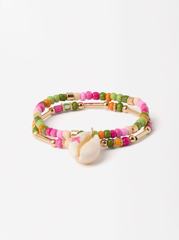 Double Beaded Bracelet With Shell, Multicolor, hi-res