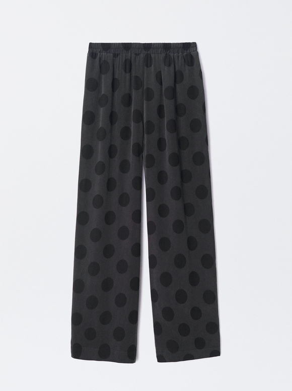 Online Exclusive - Polka Dot Elastic Waist Lyocell Pants, Black, hi-res