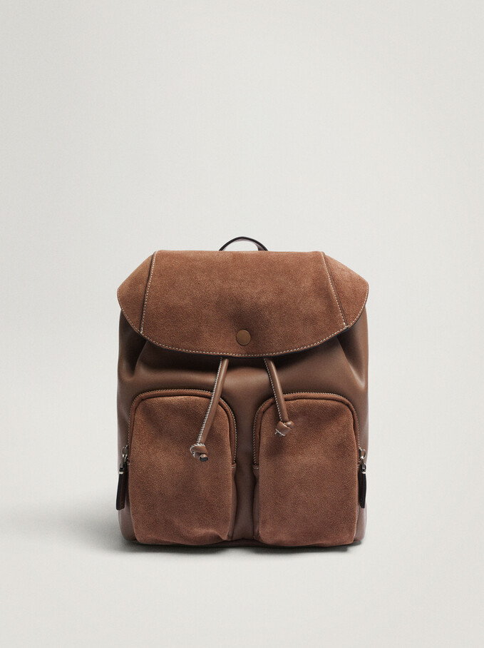 Suede Backpack With Outer Pockets, Brown, hi-res