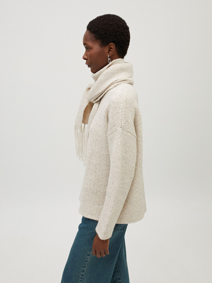 Round-Neck Knit Sweater With Scarf, Ecru, hi-res