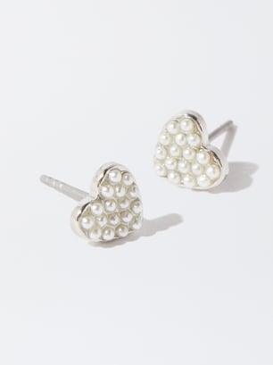 Heart Earrings With Pearls, Silver, hi-res